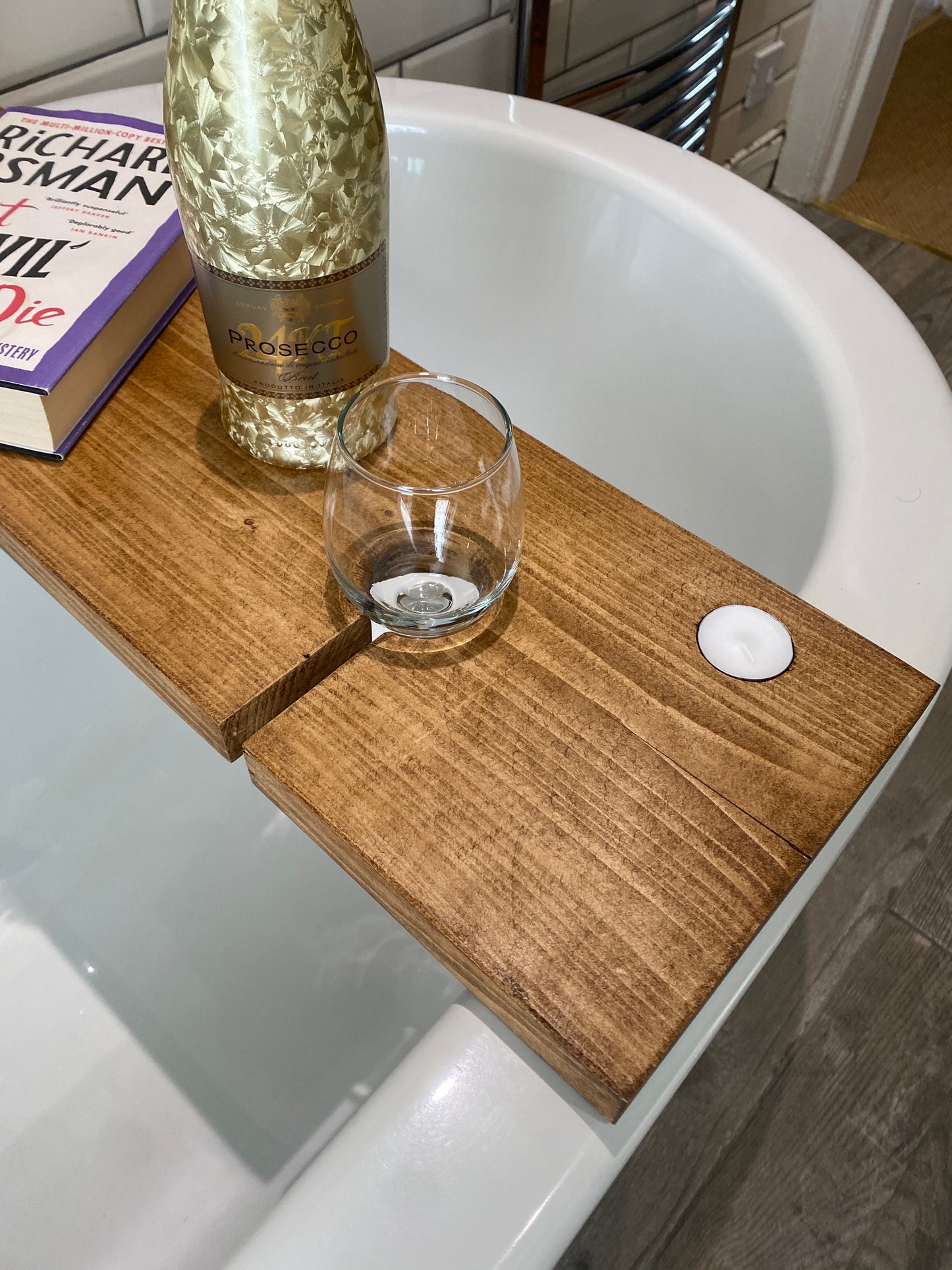 Handmade Rustic Bath Board - With Tea lights and Wine Glass Holder.