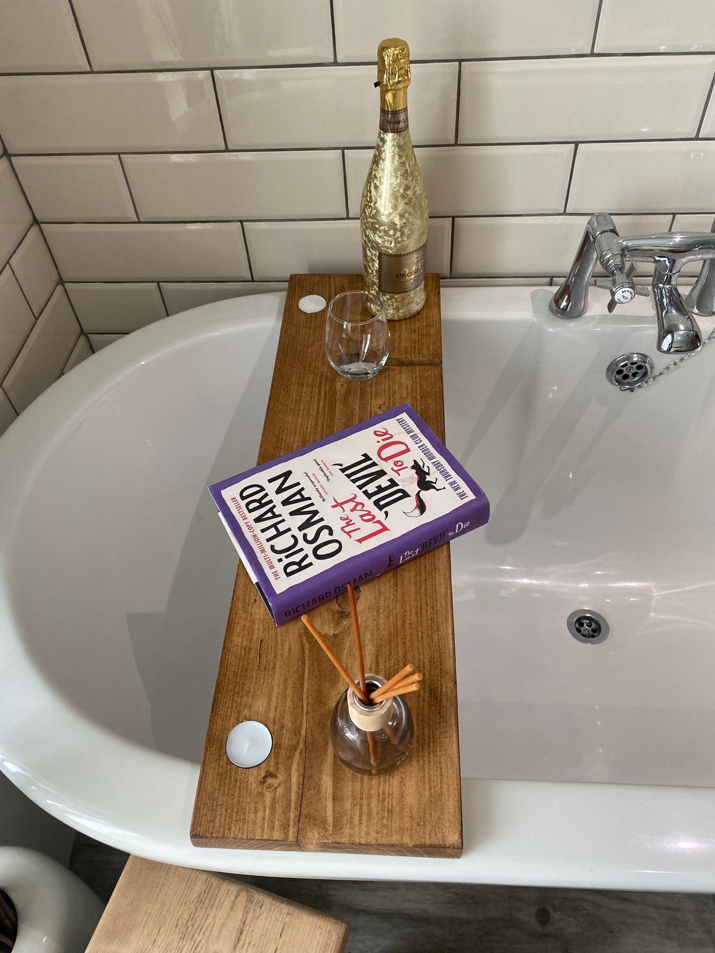 Handmade Rustic Bath Board - With Tea lights and Wine Glass Holder.
