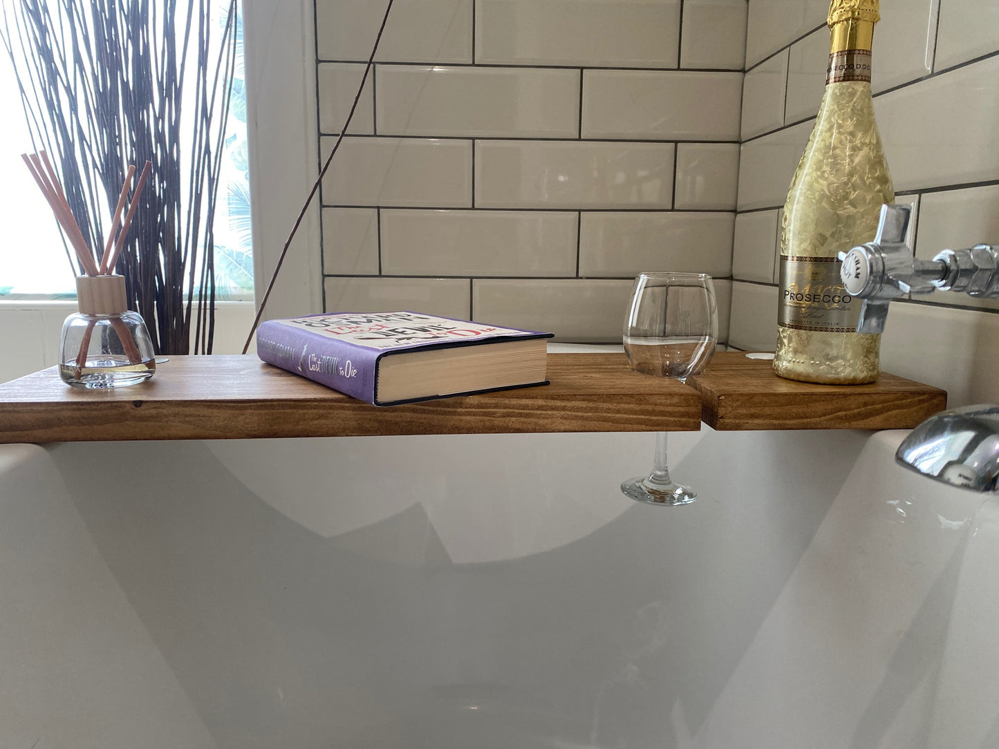 Handmade Rustic Bath Board - With Tea lights and Wine Glass Holder.