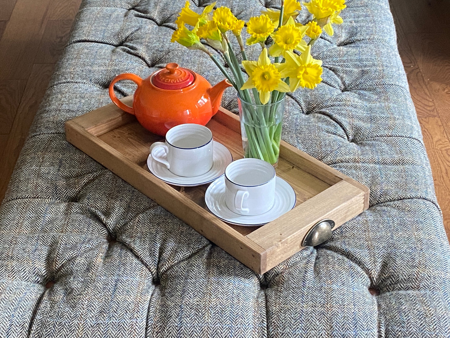 Rustic Reclaimed Wood Serving Tray with Vintage Handles – Farmhouse Ottoman Tray