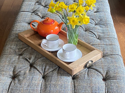 Rustic Reclaimed Wood Serving Tray with Vintage Handles – Farmhouse Ottoman Tray