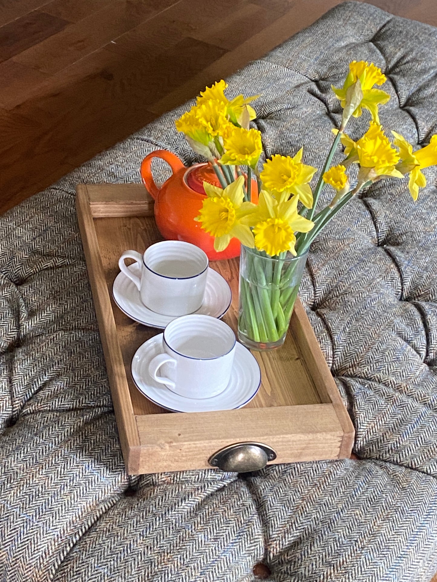 Rustic Reclaimed Wood Serving Tray with Vintage Handles – Farmhouse Ottoman Tray