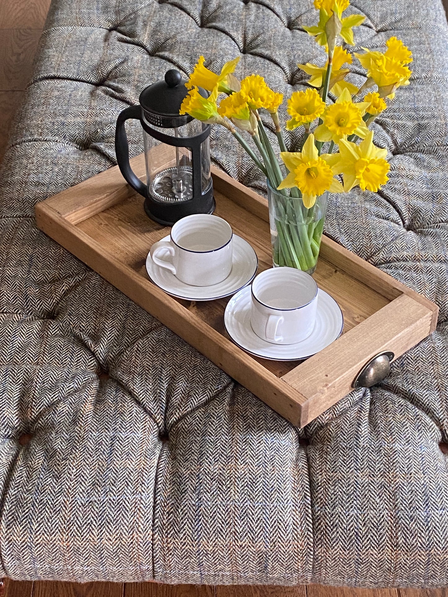 Rustic Reclaimed Wood Serving Tray with Vintage Handles – Farmhouse Ottoman Tray