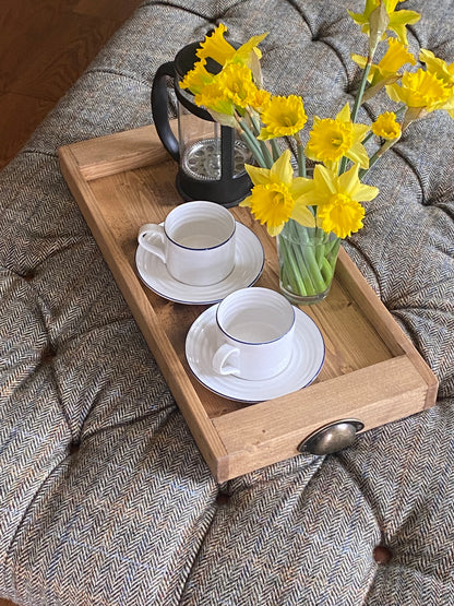 Rustic Reclaimed Wood Serving Tray with Vintage Handles – Farmhouse Ottoman Tray