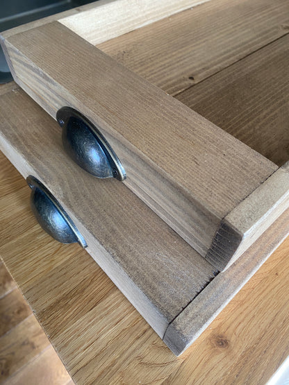 Rustic Reclaimed Wood Serving Tray with Vintage Handles – Farmhouse Ottoman Tray
