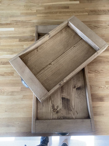 Rustic Reclaimed Wood Serving Tray with Vintage Handles – Farmhouse Ottoman Tray